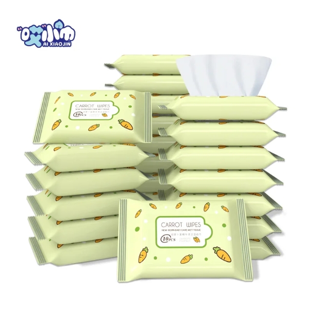 OEM Factory Custom Logo Design 10pcs Eco-Friendly Baby Wet Wipes Non-Irritating Carrots Essence for Cleaning Baby Mouth Hands